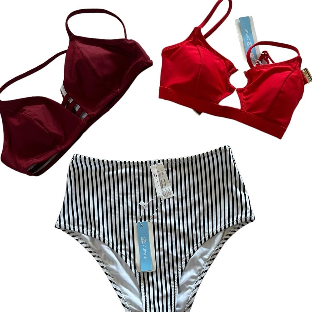 NWT Cupshe Striped High Waisted striped Bikini Bottom and two bikini tops sz S